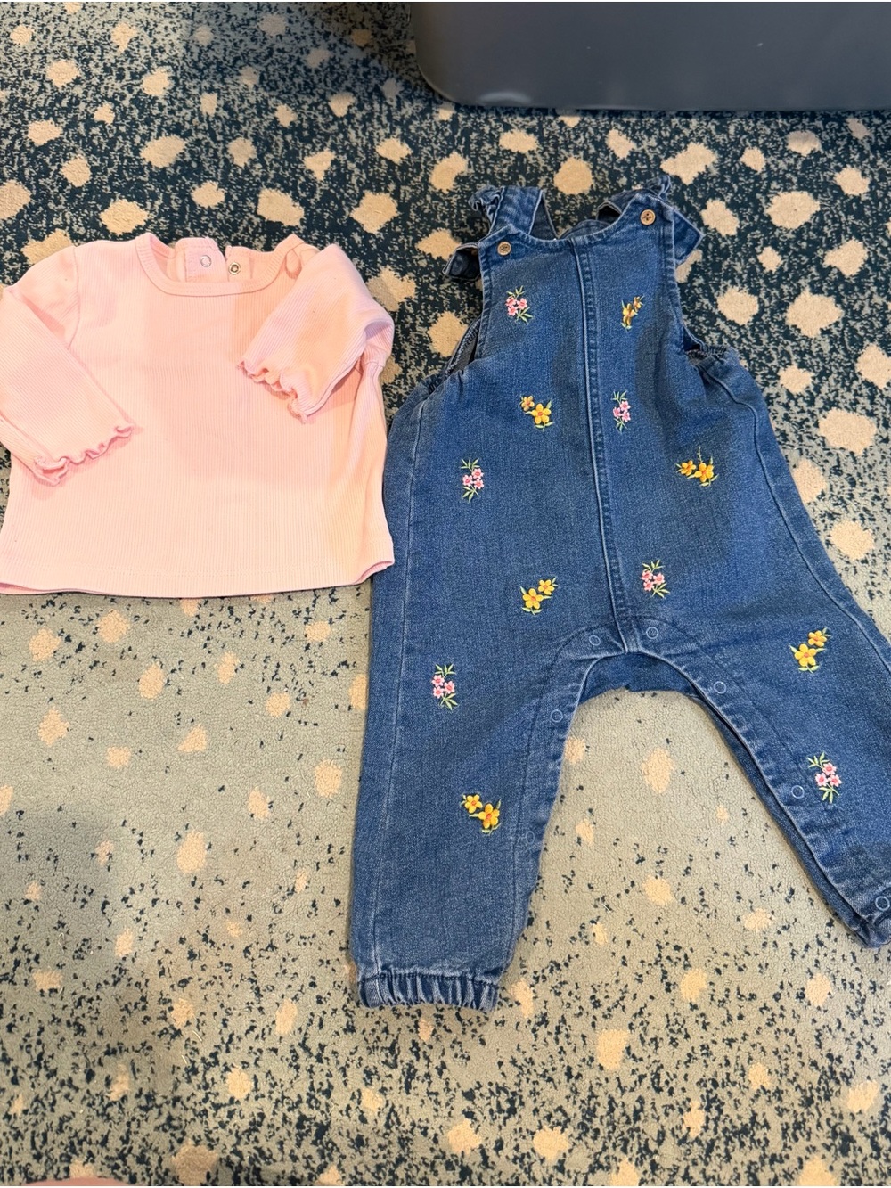 Little Me Pink Top with Blue Embroidered Denim Overalls Set